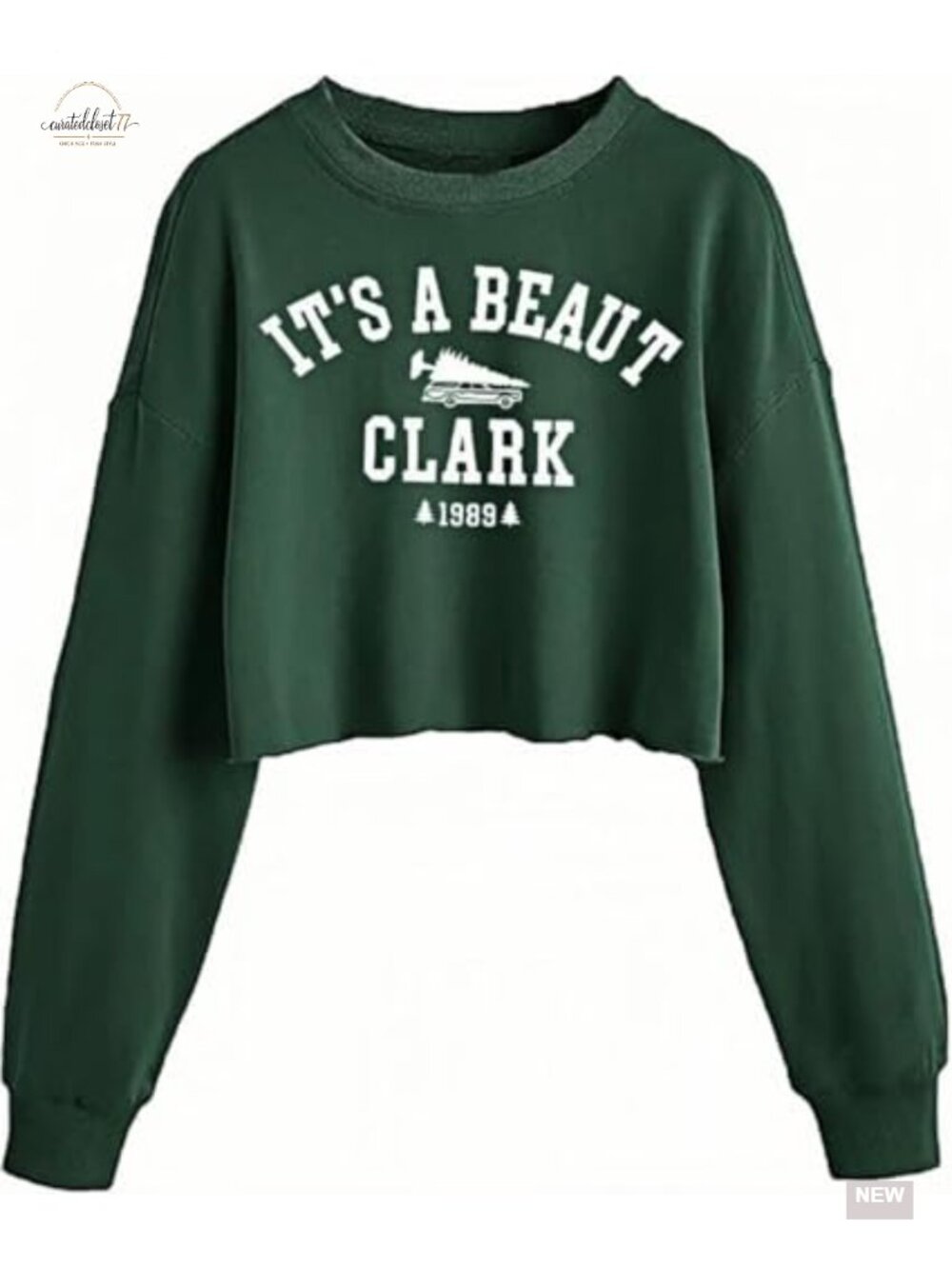 Cotton Blend Christmas Tree Graphic Crop Crew Neck Sweatshirt